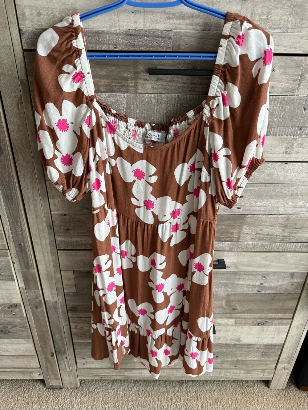 Ava Sky Brown Floral Dress with White and Pink Accents